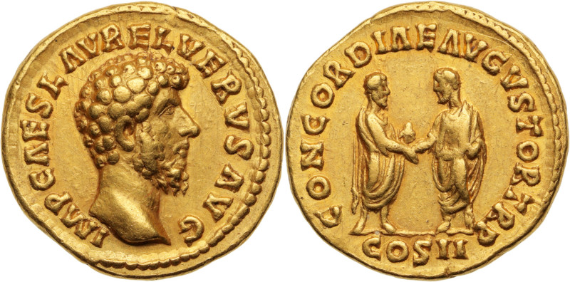 LUCIUS VERUS (161-169)
Aureus 7,38 g. frappé à Rome en 161
A/ IMP.CAES.L. AVRE...
