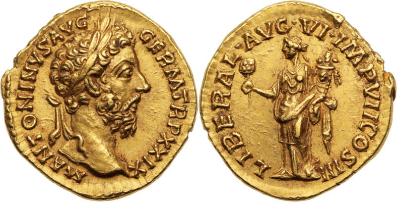 MARC AURÈLE (161-180)
Aureus 7,38 g. frappé à Rome en 175
A/ ANTONINVS AVG GER...