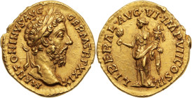 MARC AURÈLE (161-180)
Aureus 7,38 g. frappé à Rome en 175
A/ ANTONINVS AVG GERM TR P XXIX. Sa tête laurée à droite.
R/ LIBERAL AVG VI IMP VII COS I...