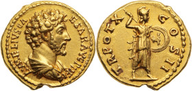 MARC AURÈLE, César (139-161)
Aureus 7.33 g. Rome en 155-156
A/ AVRELIVS CA-ES ANTON AVG PII F. Son buste, tête nue, drapé et cuirassé à droite.
R / TR...