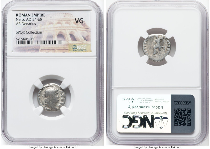 Nero, as Augustus (AD 54-68). AR denarius (17mm, 5h). NGC VG. Rome, ca. AD 64-65...