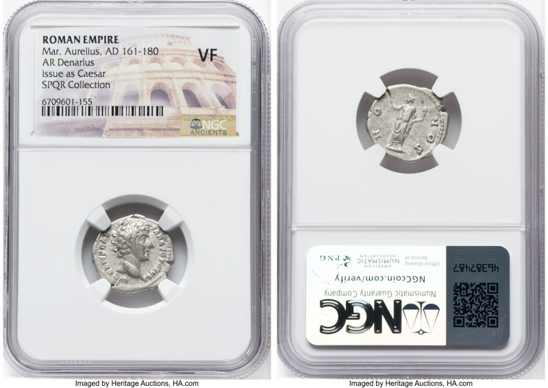 Marcus Aurelius, as Caesar (AD 161-180). AR denarius (19mm, 7h). NGC VF. Rome, A...