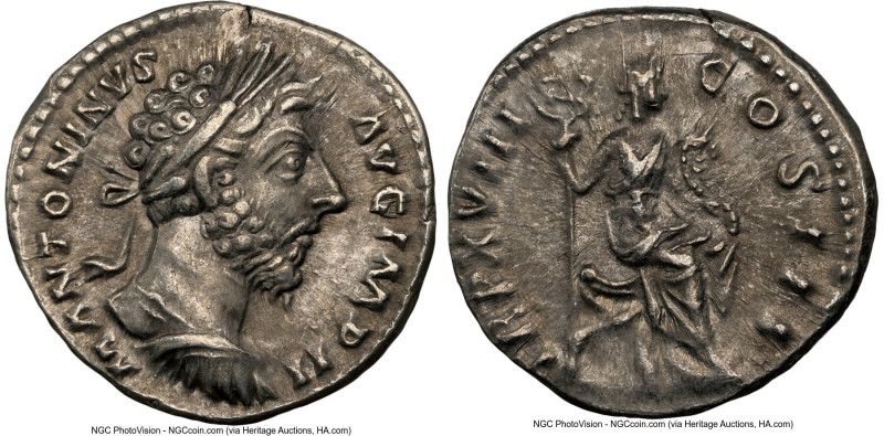 Marcus Aurelius, as Augustus (AD 161-180). AR denarius (17mm, 12h). NGC Choice X...