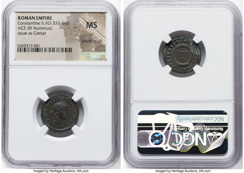 Constantine II (AD 337-340). AE3 or BI nummus (19mm, 6h). NGC MS, double-struck....