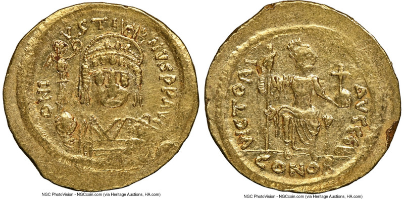 Justin II (AD 565-578). AV solidus (21mm, 4.48 gm, 5h). NGC Choice XF 4/5 - 3/5,...