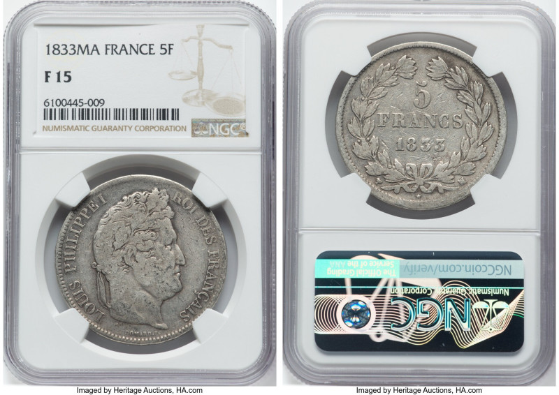 Louis Philippe I 5 Francs 1833-MA F15 NGC, Marseille mint, KM749.10. HID09801242...