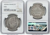 Louis Philippe I 5 Francs 1833-MA F15 NGC, Marseille mint, KM749.10. HID09801242017 © 2023 Heritage Auctions | All Rights Reserved