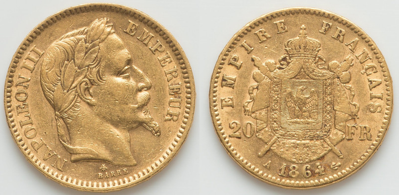 Napoleon III gold 20 Francs 1864-A XF, Paris mint, KM801.1, Gad-1062. 21.2mm. 6....