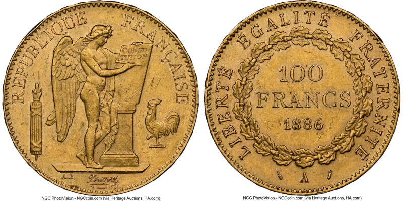 Republic gold 100 Francs 1886-A MS60 NGC, Paris mint, KM832, Gad-1137. An increa...