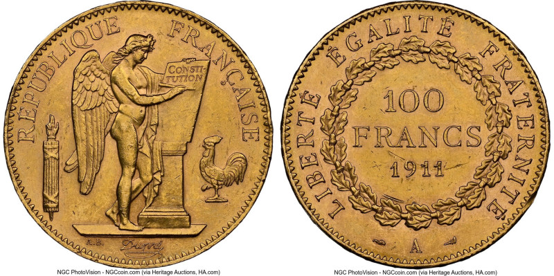 Republic gold 100 Francs 1911-A UNC Details (Reverse Damage) NGC, Paris mint, KM...