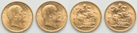 Edward VII Pair of Uncertified gold Sovereigns UNC, 1) Sovereign 1907 22.1mm. 7.99gm 2) Sovereign 1910 22.2mm. 7.99gm KM805, S-3969. Sold as is, no re...