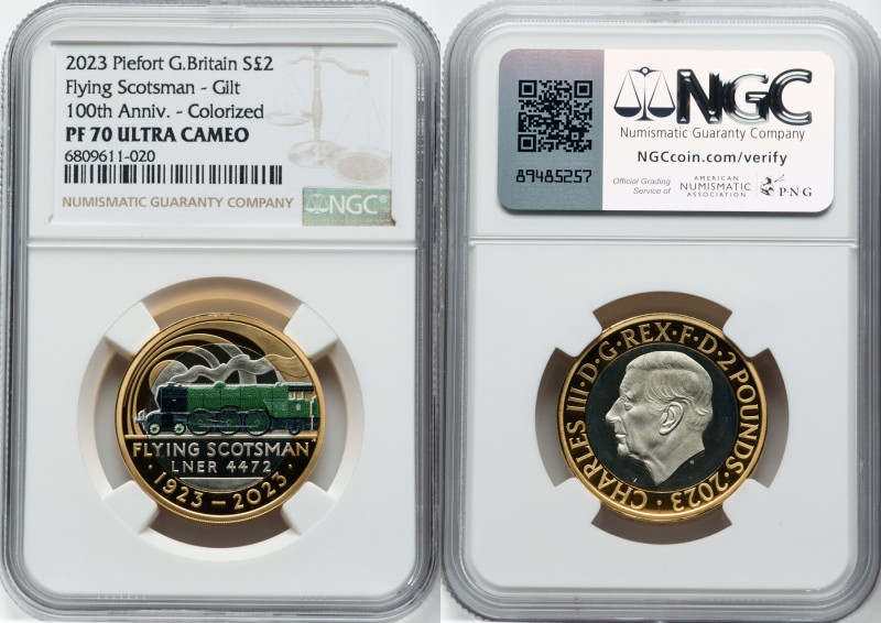 Charles III gilt-silver Colorized Proof Piefort "Flying Scotsman Centenary" 2 Po...