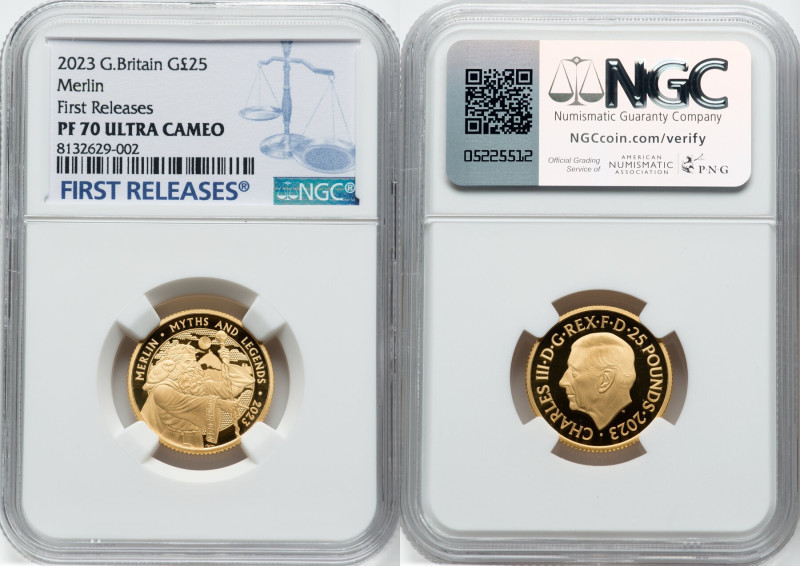 Charles III gold Proof "Merlin" 25 Pounds (1/4 oz) 2023 PR70 Ultra Cameo NGC, Mi...