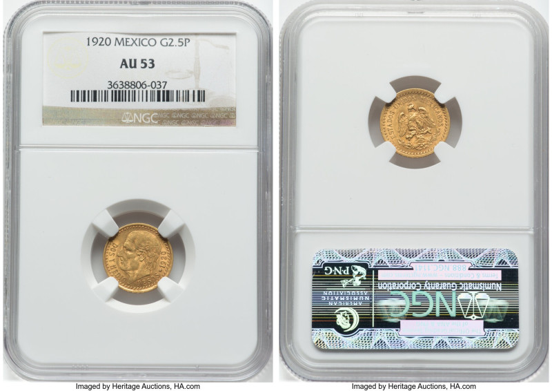 Estados Unidos gold 2-1/2 Pesos 1920 AU53 NGC, Mexico City mint, KM463, Fr-169. ...