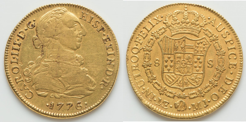 Charles III gold 8 Escudos 1776 LM-MJ VF, Lima mint, KM82.1, Cal-1936. 37.3mm. 2...