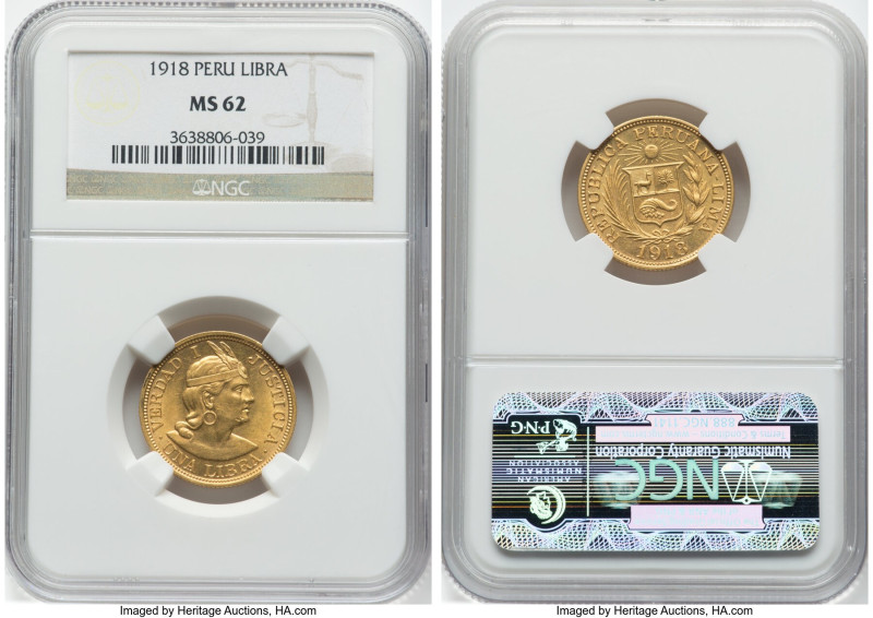 Republic gold Libra 1918 MS62 NGC, Lima mint, KM207, Fr-73. HID09801242017 © 202...