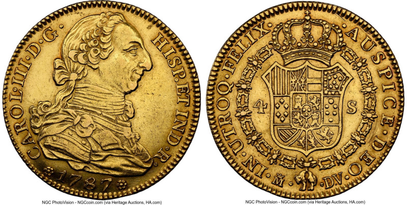 Charles III gold 4 Escudos 1787 M-DV UNC Details (Cleaned) NGC, Madrid mint, KM4...