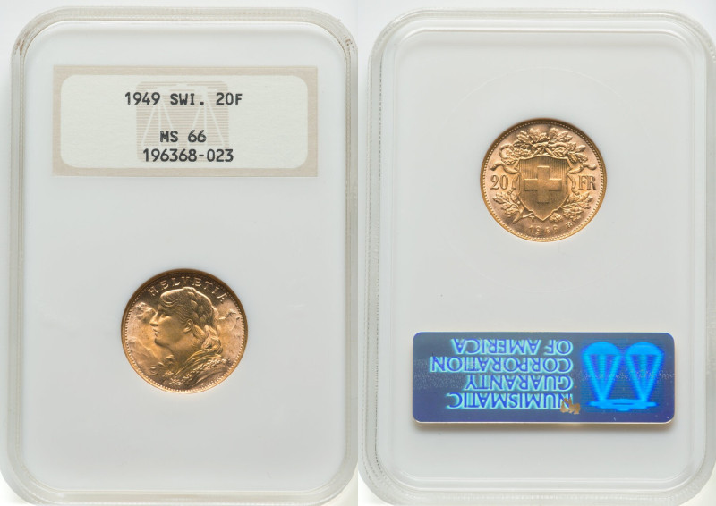 Confederation gold 20 Francs 1949-B MS66 NGC, Bern mint, KM35.2, Fr-499. Two yea...