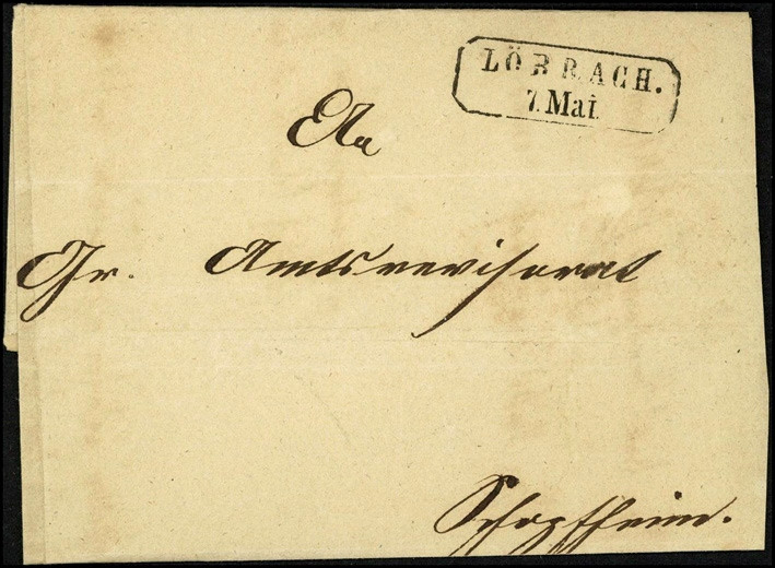 ALTDEUTSCHLAND. 
BADEN- VORPHILATELIE. 
LÖRRACH R2 schw. Feus. 2083-6 beschnit...