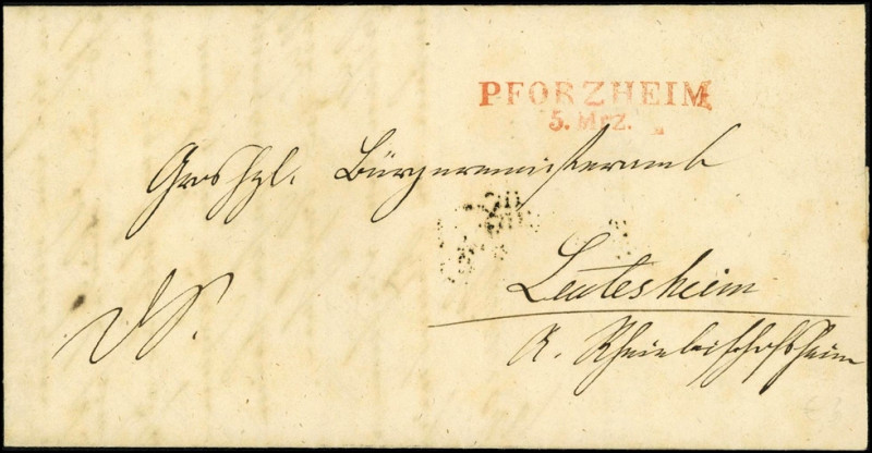 ALTDEUTSCHLAND. 
BADEN- VORPHILATELIE. 
PFORZHEIM / 5.Mrz (1852) L2 rot Bf. an...