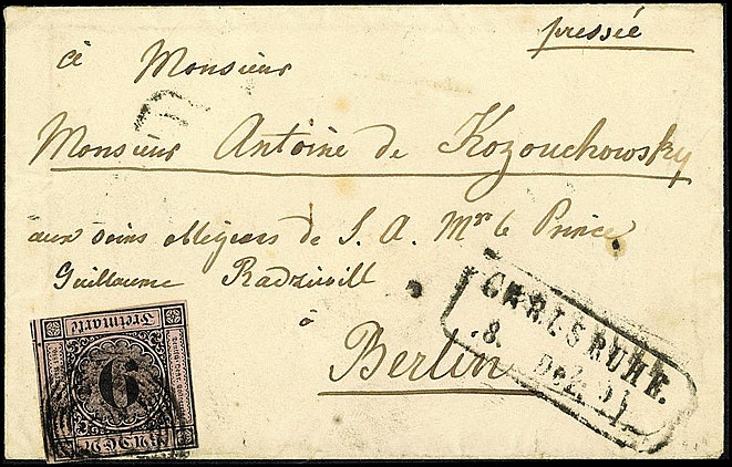 ALTDEUTSCHLAND. 
BADEN- MARKEN. 
9 Kr. schw. altrosa l. und o. tangiert auf kl...