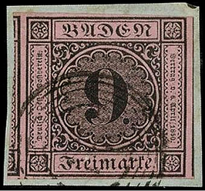 ALTDEUTSCHLAND. 
BADEN- MARKEN. 
9 Kr. schw. a. lilarosa, tiefe Farbe breitr.,...