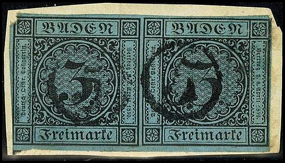 ALTDEUTSCHLAND. 
BADEN- MARKEN. 
3 Kr. schw. a. blau voll-breitrandig, waager....