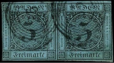 ALTDEUTSCHLAND.
BADEN- MARKEN.
3 Kr. schw. a. blau, waager. Paar, l. u. r. mei...