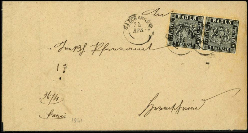 ALTDEUTSCHLAND. 
BADEN- MARKEN. 
1 Kr. schwarz liniert gez. 13 1/2, waager. Pa...
