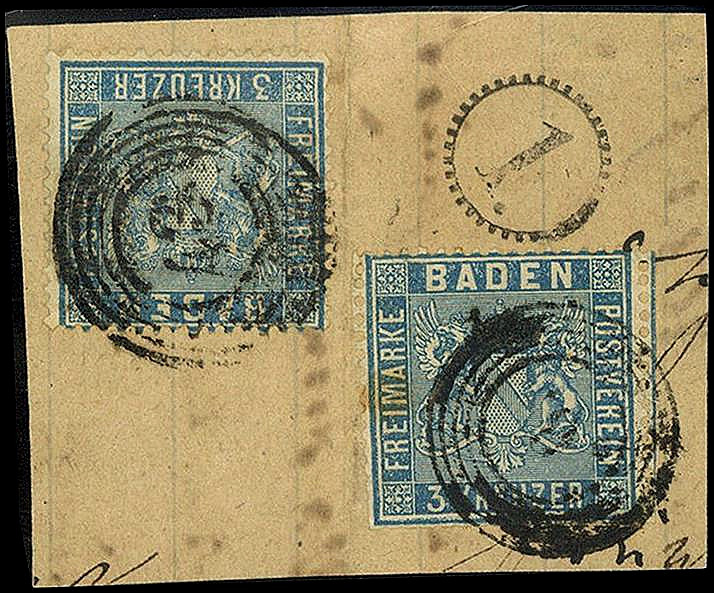 ALTDEUTSCHLAND. 
BADEN- MARKEN. 
3 Kr. ultramarin 2 Ex.a. 1 ∆ m. Uhrradstpl. "...