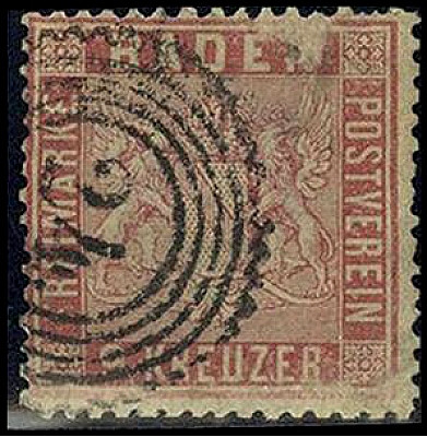 ALTDEUTSCHLAND. 
BADEN- MARKEN. 
9 Kr. rosarot, zentr. "24" Carlsruhe, gepr.Br...