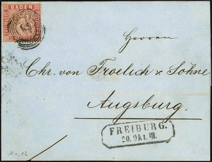 ALTDEUTSCHLAND. 
BADEN- MARKEN. 
9 Kr. karmin "43" Aufgabe FREIBURG 20.Okt.III...