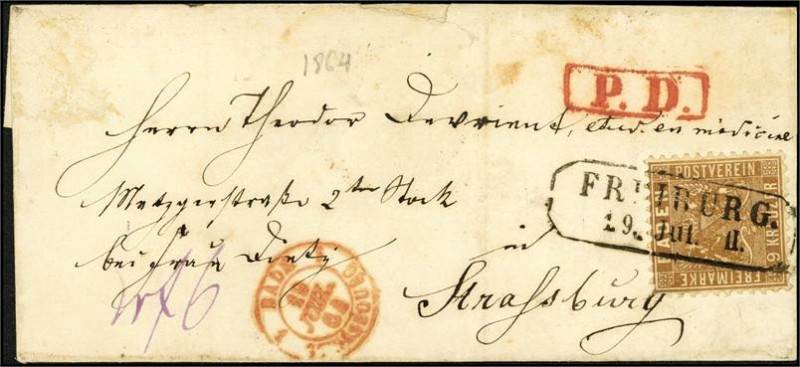 ALTDEUTSCHLAND. 
BADEN- MARKEN. 
9 Kr. rötlichbraun, kl. Bf. 60 x 134 mm R2 FR...