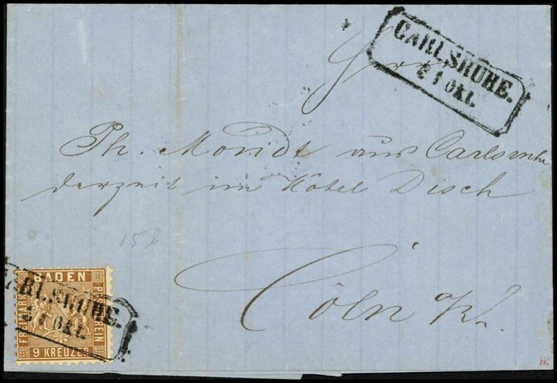 ALTDEUTSCHLAND. 
BADEN- MARKEN. 
9 Kr. rötlichbraun, blauer Bf. CARLSRUHE 31.1...