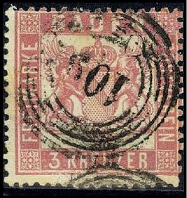 ALTDEUTSCHLAND.
BADEN- MARKEN.
3 Kr. rosakarmin eng gez., "109" Pforzheim, gep...