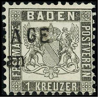 ALTDEUTSCHLAND. 
BADEN- MARKEN. 
1 Kr. dunkelgrau a. weiss. Mi. 17c (350,-). ....