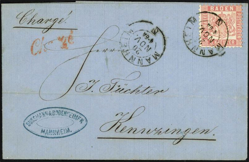 ALTDEUTSCHLAND. 
BADEN- MARKEN. 
3 Kr. karmin a.weiss, a. Charge`-Bf. MANNHEIM...
