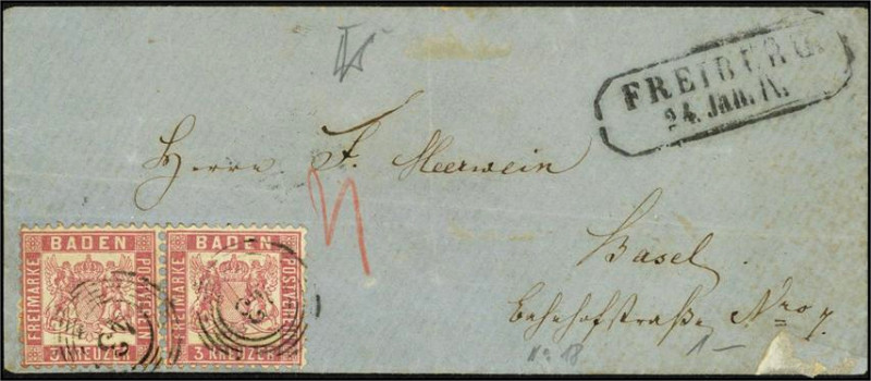 ALTDEUTSCHLAND. 
BADEN- MARKEN. 
3 Kr.rosa a.weiss, waager. Paar, "43" Freibur...