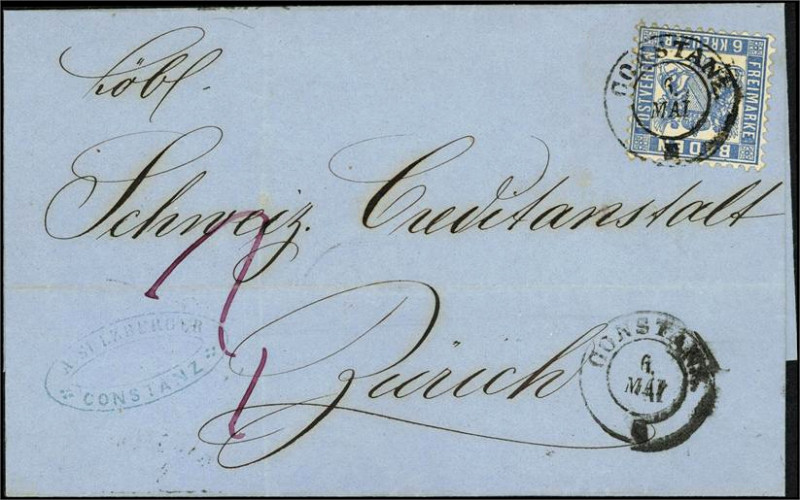 ALTDEUTSCHLAND. 
BADEN- MARKEN. 
6 Kr. ultramarin, K2 CONSTANZ 6.5. nach Züric...