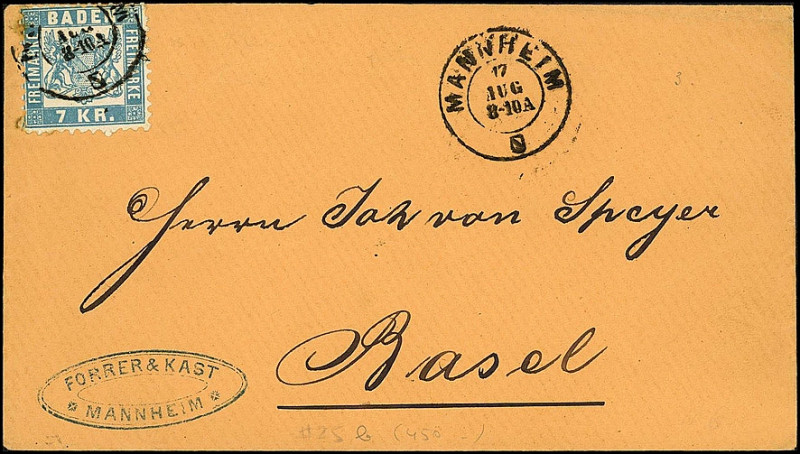 ALTDEUTSCHLAND. 
BADEN- MARKEN. 
7 Kr. mittelgraublau MANNHEIM 17.AUG K2 nach ...