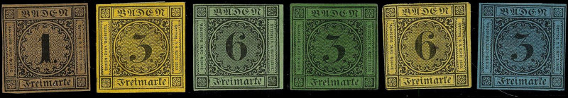 ALTDEUTSCHLAND. 
BADEN- MARKEN. 
Neudrucke 1, 3 (3), 6 Kr. Grobe 1b,2a,3a,6,7,...