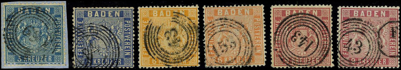 ALTDEUTSCHLAND. 
BADEN- MARKEN. 
Gezähnte Ausgaben 3,6,9 Kr. Je 2 versch. Farb...