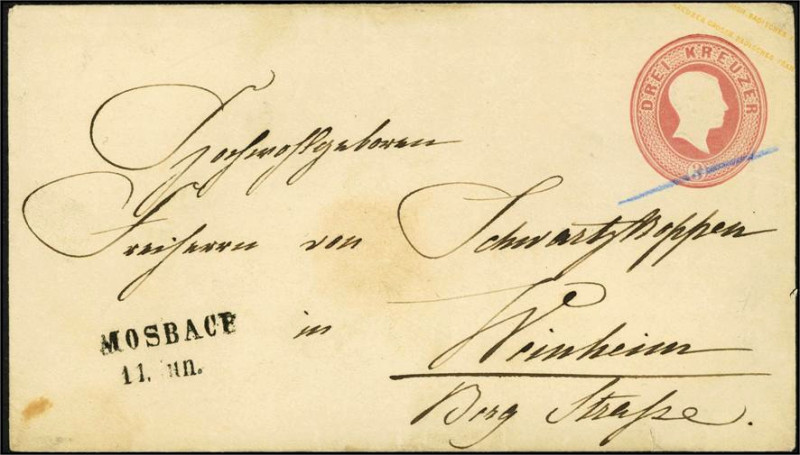 ALTDEUTSCHLAND. 
BADEN- GANZSACHEN. 
3 Kr. rosa MOSBACH L2 - AK WEINHEIM K2. M...