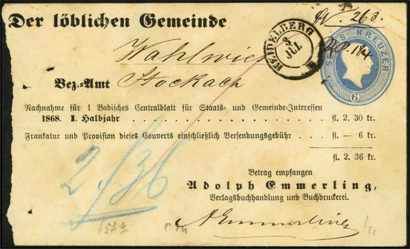 ALTDEUTSCHLAND. 
BADEN- GANZSACHEN. 
6 Kr. ultramarin 1868 Gedruckte Nachnahme...