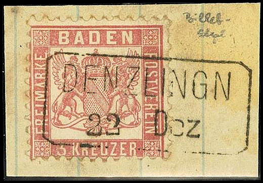 ALTDEUTSCHLAND. 
BADEN- ORTSSTEMPEL. 
DENZLINGEN R2 (Billetstempel), klar u. g...