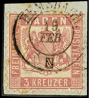 ALTDEUTSCHLAND. 
BADEN- ORTSSTEMPEL. 
HEMSBACH K2, klar, gerade a. 3 Kr.rosa. ...