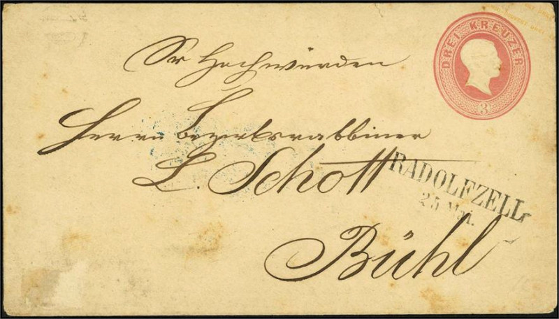 ALTDEUTSCHLAND. 
BADEN- ORTSSTEMPEL. 
RADOLFZELL L2 a. Ganzs. 3 Kr., rs.BÜHL G...