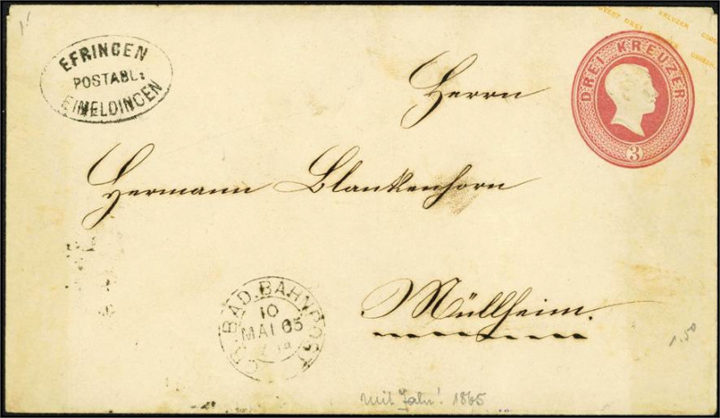 ALTDEUTSCHLAND. 
BADEN- POSTABLAGEN. 
EIMELDINGEN- EFRINGEN a. Ganzs.3 Kr. rot...