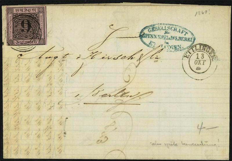 ALTDEUTSCHLAND. 
BADEN- ORTSNUMMERNSTEMPEL. 
"42" ETTLINGEN K2 , Bfkopf, rs. D...