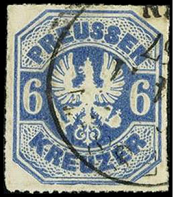 ALTDEUTSCHLAND. 
PREUSSEN- MARKEN. 
6 Kr. ultramarin K1, teilw. Durchstich. Mi...